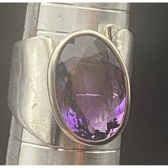 Amethyst 925 Silver Ring Bold Asymmetrical Oval Gem Quality  Sz 8.5 9.7 g Unisex - Picture 8 of 15